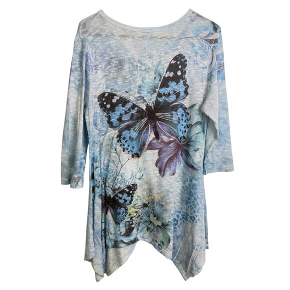 Cactus Sweater Top Womens Medium Blue Multi Butterflies Rhinestones Embellish * - Picture 2 of 10
